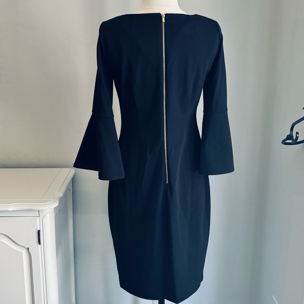 Calvin Klein Boatneck 3/4 Bell-Sleeve Fitted Sheath Dress Knee Length, Black 6 - Picture 4 of 13